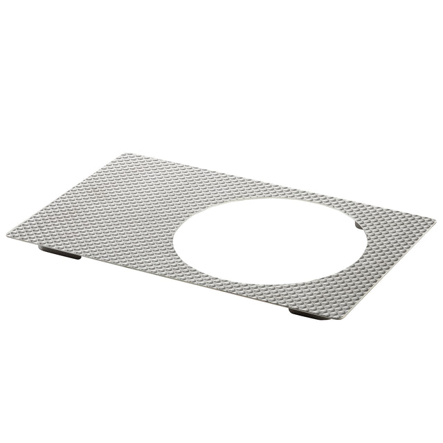 A rectangular, stainless steel textured metal sheet with a large circular cutout in the center. The Hot Food Template features a dimpled surface and slightly raised corners, viewed angled against a white background.