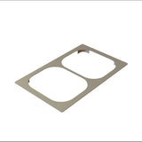 A thin, rectangular stainless steel plate with two large, rounded rectangular cutouts lies flat on a white background. The plate has smooth edges and a minimalist design, resembling a Hot Food Template or electrical cover plate.