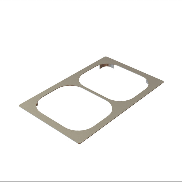 A thin, rectangular stainless steel plate with two large, rounded rectangular cutouts lies flat on a white background. The plate has smooth edges and a minimalist design, resembling a Hot Food Template or electrical cover plate.