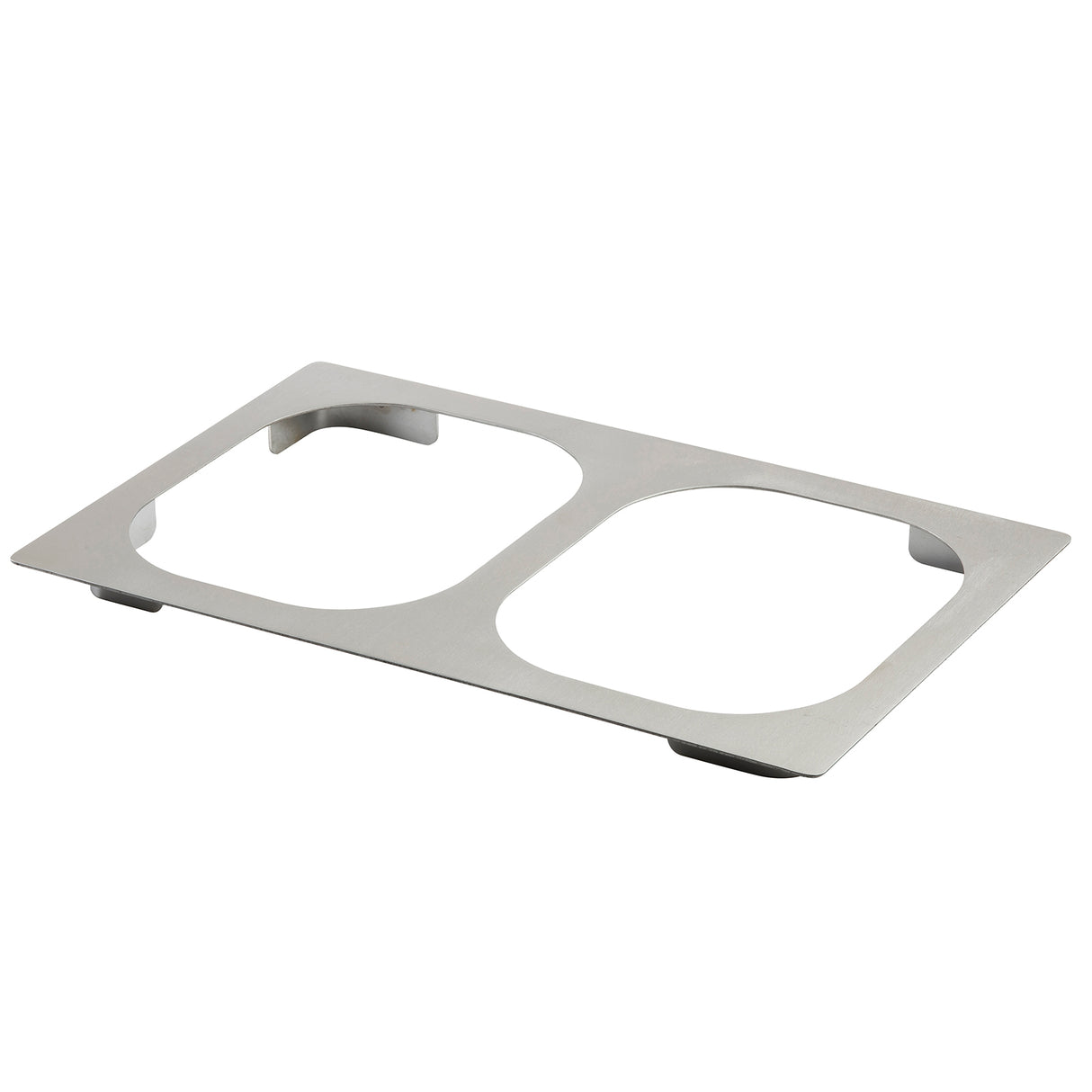 A flat, rectangular stainless steel Hot Food Template with two large oval cutouts side by side. The plate has smooth edges and small tabs at the corners, ideal as a mounting or support bracket for holding containers, and is dishwasher safe.