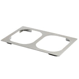 A flat, rectangular stainless steel Hot Food Template with two large oval cutouts side by side. The plate has smooth edges and small tabs at the corners, ideal as a mounting or support bracket for holding containers, and is dishwasher safe.