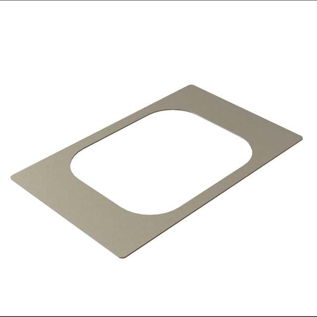 A thin, rectangular stainless steel sheet lies flat with a large, rounded rectangular cutout in the center. The edges are smooth, and the matte, light-gray finish stands out on a white background—ideal as a Hot Food Template and dishwasher safe for easy cleaning.