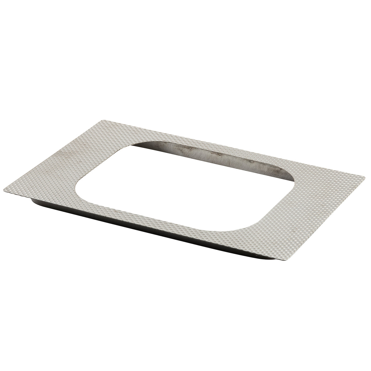 A flat, rectangular stainless steel plate with a large rounded rectangular cutout in the center. The surface has a subtle, grid-like textured pattern. Thin and photographed on a white background, this Hot Food Template is dishwasher safe.