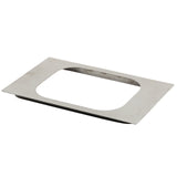 A flat, rectangular stainless steel plate with a large rounded rectangular cutout in the center. The surface has a subtle, grid-like textured pattern. Thin and photographed on a white background, this Hot Food Template is dishwasher safe.