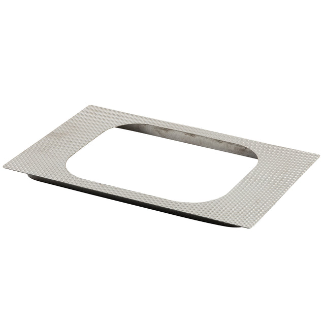 A flat, rectangular stainless steel plate with a large rounded rectangular cutout in the center. The surface has a subtle, grid-like textured pattern. Thin and photographed on a white background, this Hot Food Template is dishwasher safe.
