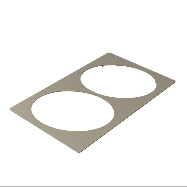 A rectangular, thin, beige or light gray Hot Food Template with two large, perfectly round holes side by side cut out of the flat surface. Crafted from dishwasher safe stainless steel, it's shown at a slight angle against a white background.