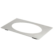 A rectangular stainless steel Hot Food Template with rounded corners and a large oval cutout in the center. The flat, matte-finished plate is thin, smooth, and appears to have small feet or pads underneath at the corners.
