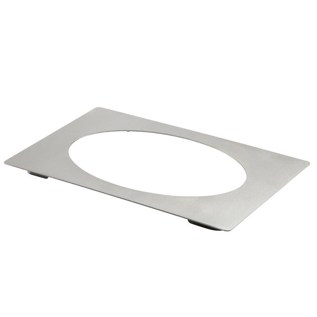 A rectangular stainless steel Hot Food Template with rounded corners and a large oval cutout in the center. The flat, matte-finished plate is thin, smooth, and appears to have small feet or pads underneath at the corners.