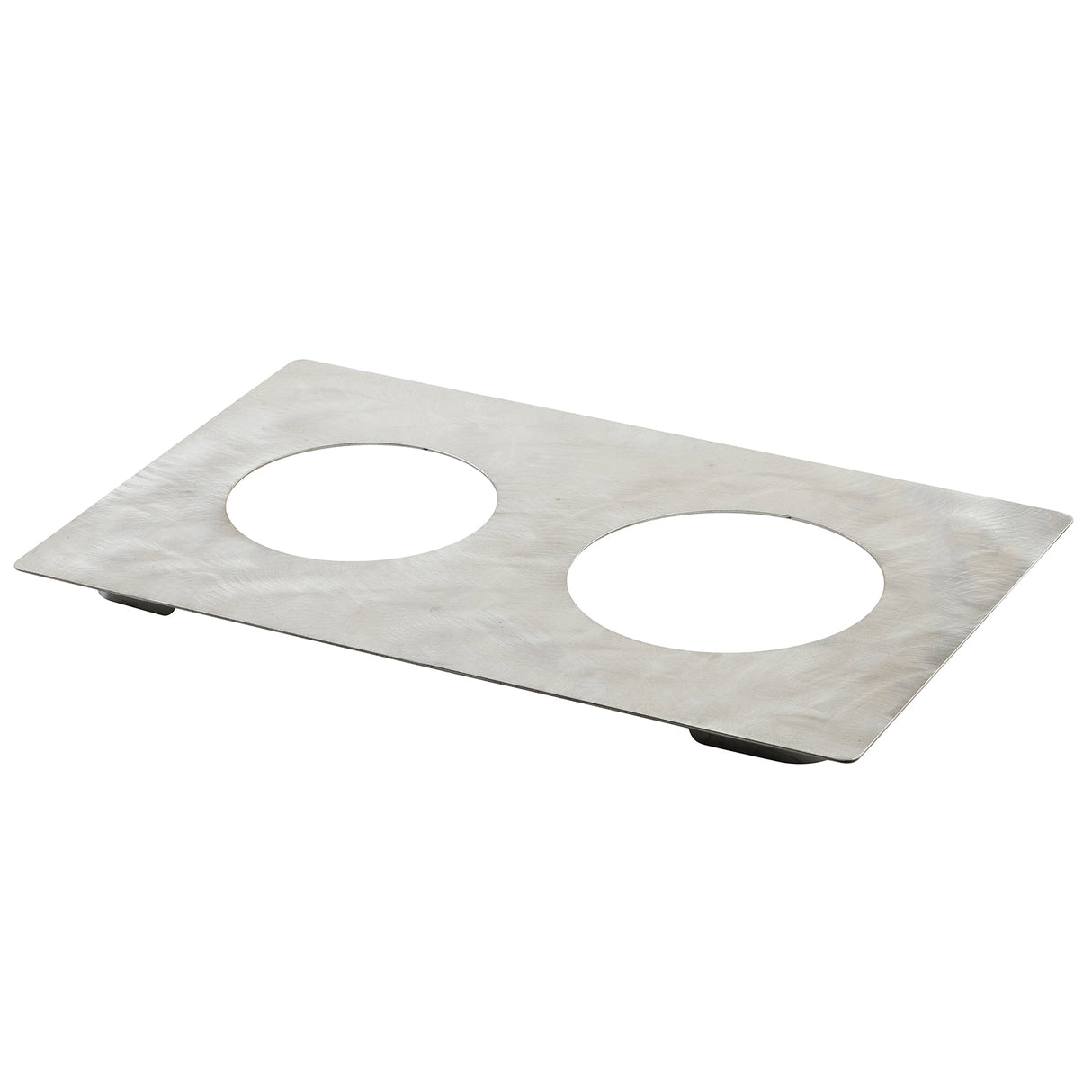 A rectangular stainless steel Hot Food Template featuring two large circular cutouts side by side. The brushed surface and small black feet at each corner keep it raised above a surface, and it's dishwasher safe for easy cleaning.
