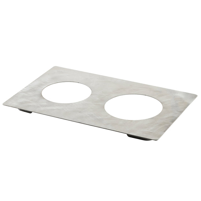 A rectangular stainless steel Hot Food Template featuring two large circular cutouts side by side. The brushed surface and small black feet at each corner keep it raised above a surface, and it's dishwasher safe for easy cleaning.