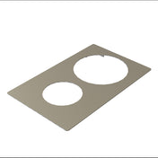 A thin, rectangular stainless steel sheet with two large circular cutouts of different sizes—one featuring a small notch—serves as a Hot Food Template. The sheet lies flat on a white background, viewed at an angle.