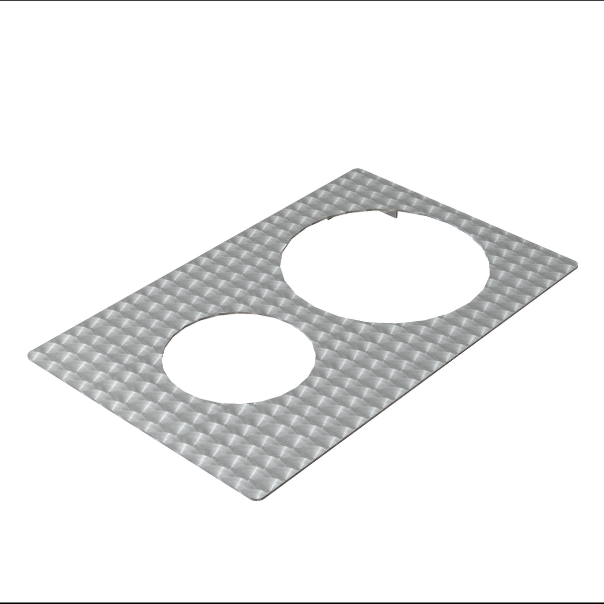 A rectangular stainless steel plate with a textured, circular brushed pattern features two large circular cutouts of different sizes, arranged diagonally. This TableCraft Hot Food Template has a silver-grey finish and lies flat on a white background.