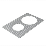 A rectangular stainless steel plate with a textured, circular brushed pattern features two large circular cutouts of different sizes, arranged diagonally. This TableCraft Hot Food Template has a silver-grey finish and lies flat on a white background.