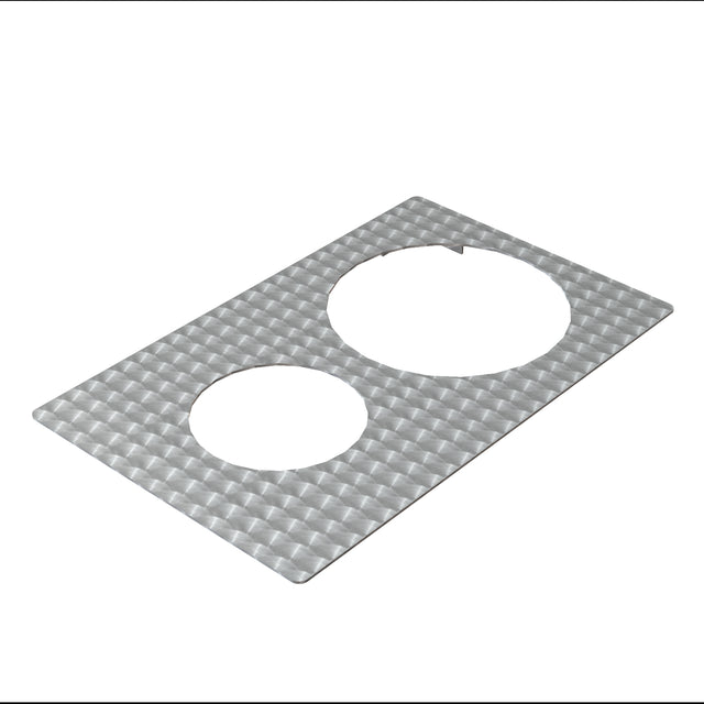 A rectangular stainless steel plate with a textured, circular brushed pattern features two large circular cutouts of different sizes, arranged diagonally. This TableCraft Hot Food Template has a silver-grey finish and lies flat on a white background.