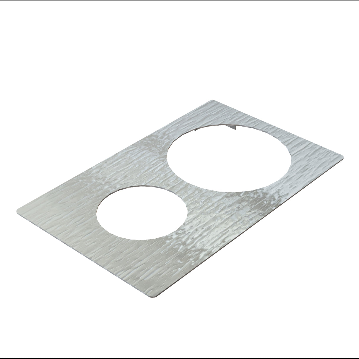 A rectangular sheet of textured stainless steel with two circular cutouts—one large and one smaller—arranged diagonally. The wavy, embossed surface is both stylish and dishwasher safe. The background is plain white.