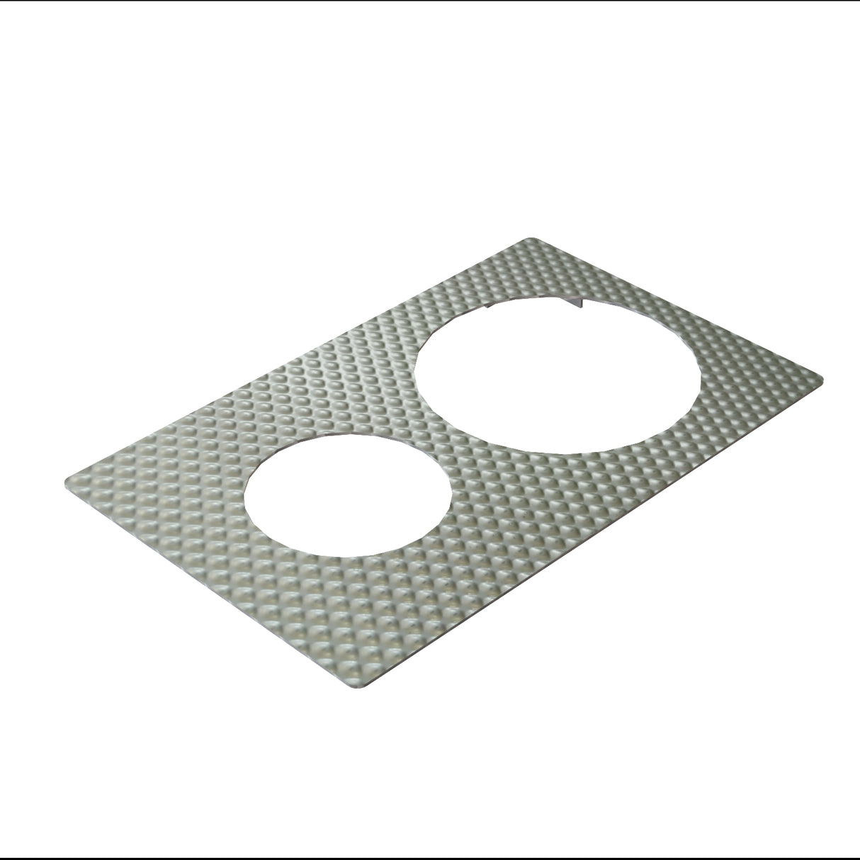 A rectangular, textured stainless steel plate with two circular cutouts of different sizes, placed diagonally on a white background. The larger cutout is on the right, and the surface features a repeating dot pattern. Dishwasher safe.