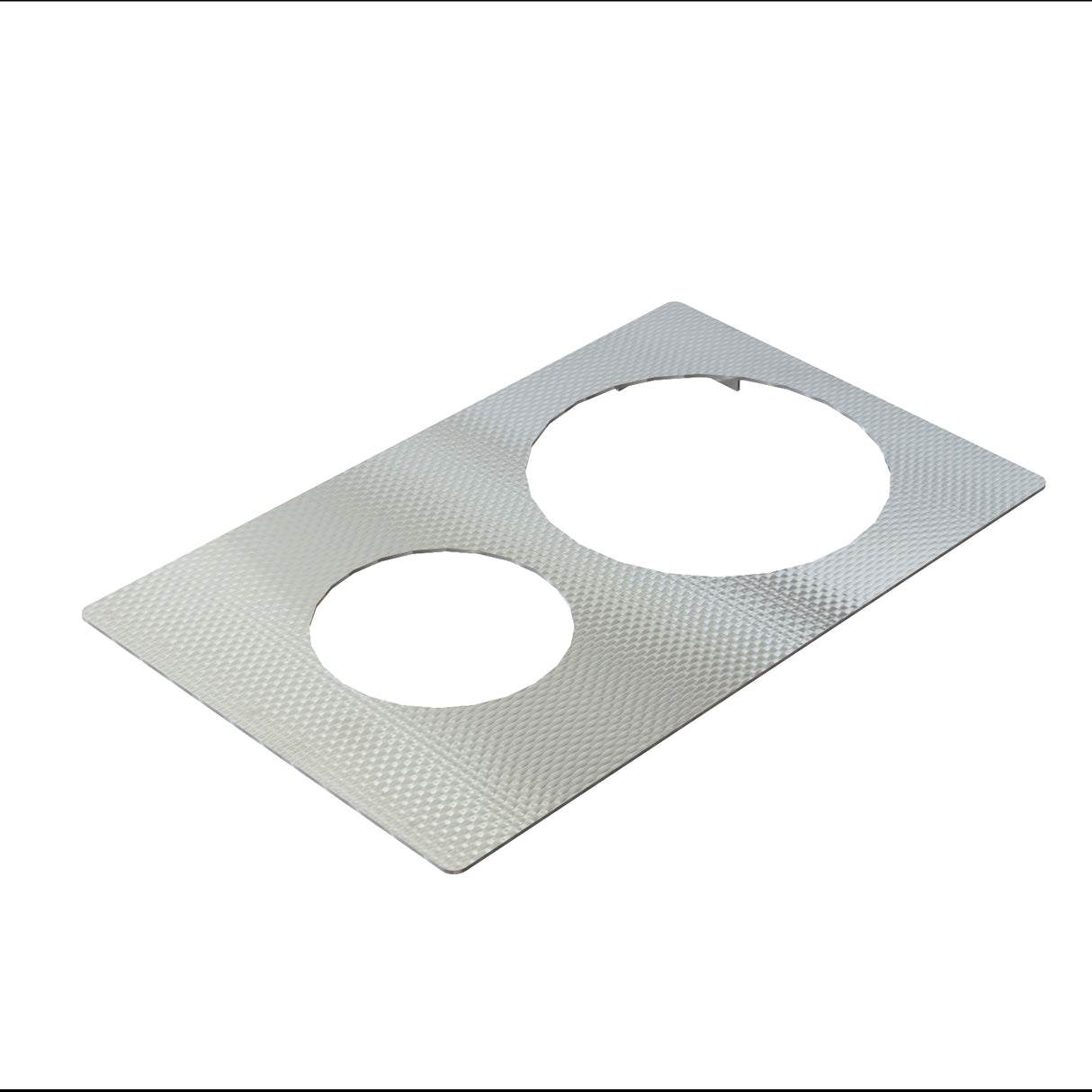 A rectangular stainless steel sheet with a textured, diamond-patterned surface features two large circular cutouts of different sizes. The sheet is positioned at an angle on a white background.