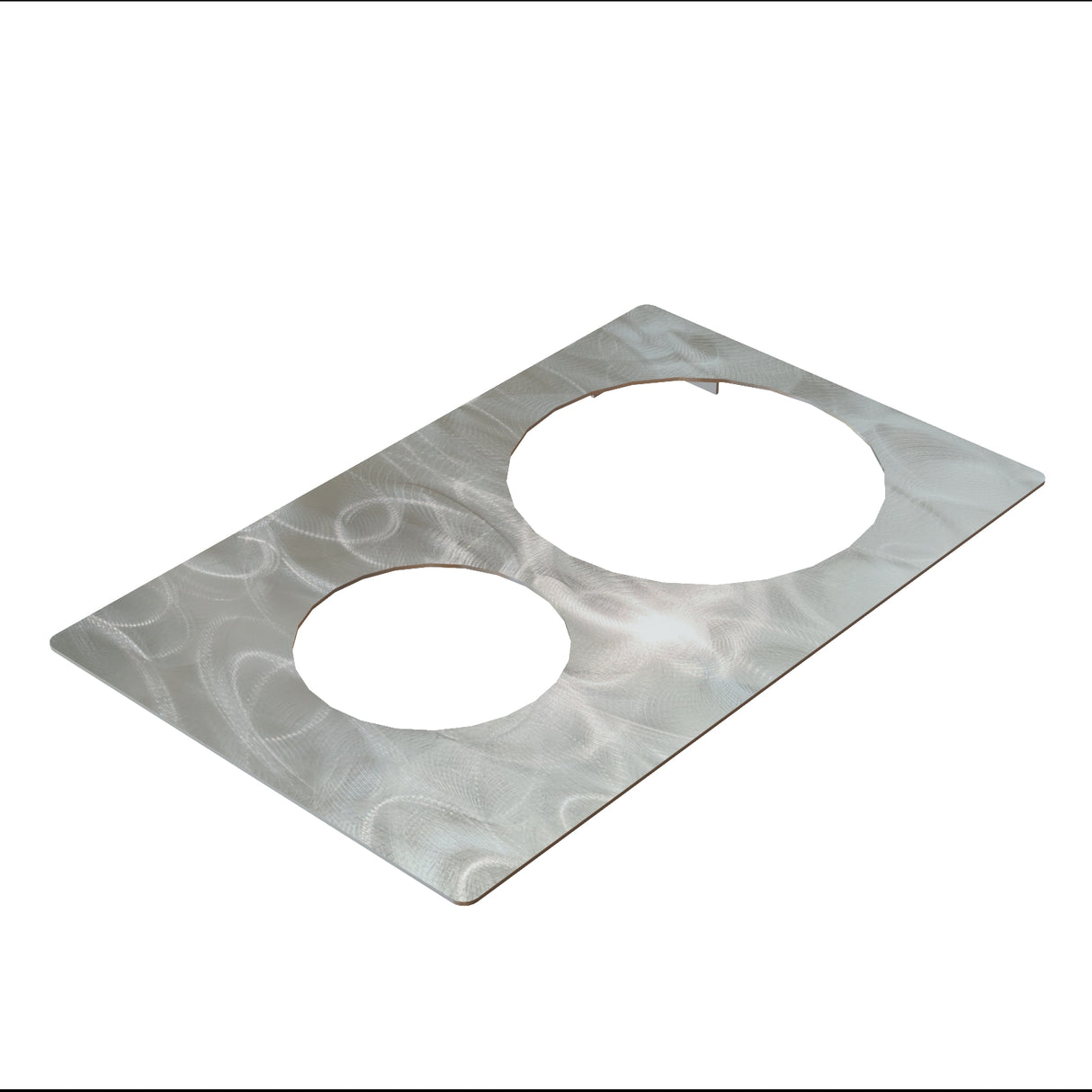 A rectangular sheet of brushed stainless steel with two large circular holes cut out side by side, likely a TableCraft Hot Food Template, rests on a white background. The metallic surface has a swirling texture and appears thin when viewed at an angle.