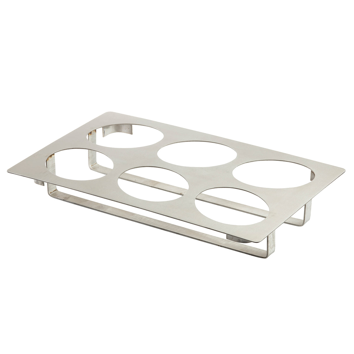 A rectangular stainless steel rack with five large circular cutouts arranged in two rows. Elevated by bent metal legs, this cold food template features a shiny, reflective finish for a clean, industrial look.
