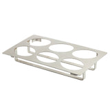 A rectangular stainless steel rack with five large circular cutouts arranged in two rows. Elevated by bent metal legs, this cold food template features a shiny, reflective finish for a clean, industrial look.
