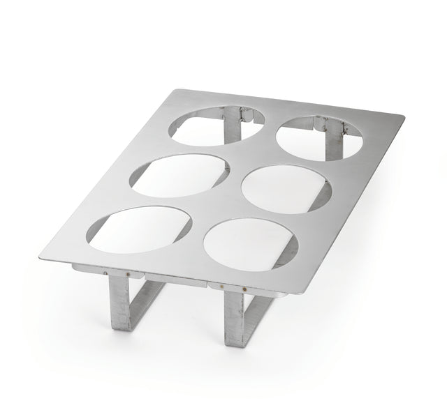 A full size stainless steel rack with six large circular cutouts and four supporting legs, designed to hold items such as jars or cups upright. The smooth, reflective cold food template is rectangular and elevated from the surface.