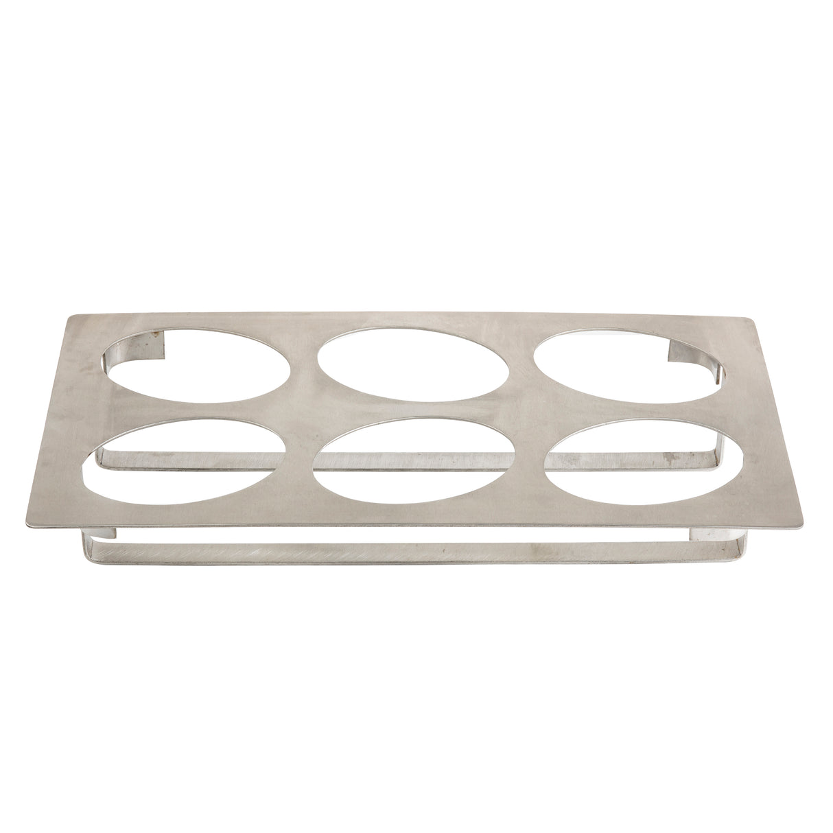 A full size, rectangular, flat stainless steel tray with six evenly spaced large circular cutouts. The tray features a simple, brushed metal finish and slightly raised edges, designed to securely hold cylindrical containers or bottles in place.