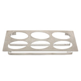 A full size, rectangular, flat stainless steel tray with six evenly spaced large circular cutouts. The tray features a simple, brushed metal finish and slightly raised edges, designed to securely hold cylindrical containers or bottles in place.