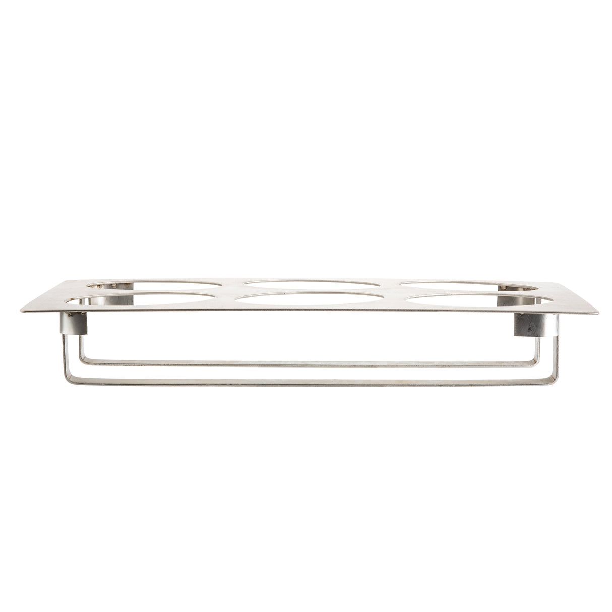 A full size stainless steel egg poacher insert with a rectangular frame and four circular cutouts designed to hold egg cups, shown from the side on a white background. The insert has supporting legs that lift it above a flat surface.