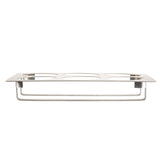A full size stainless steel egg poacher insert with a rectangular frame and four circular cutouts designed to hold egg cups, shown from the side on a white background. The insert has supporting legs that lift it above a flat surface.