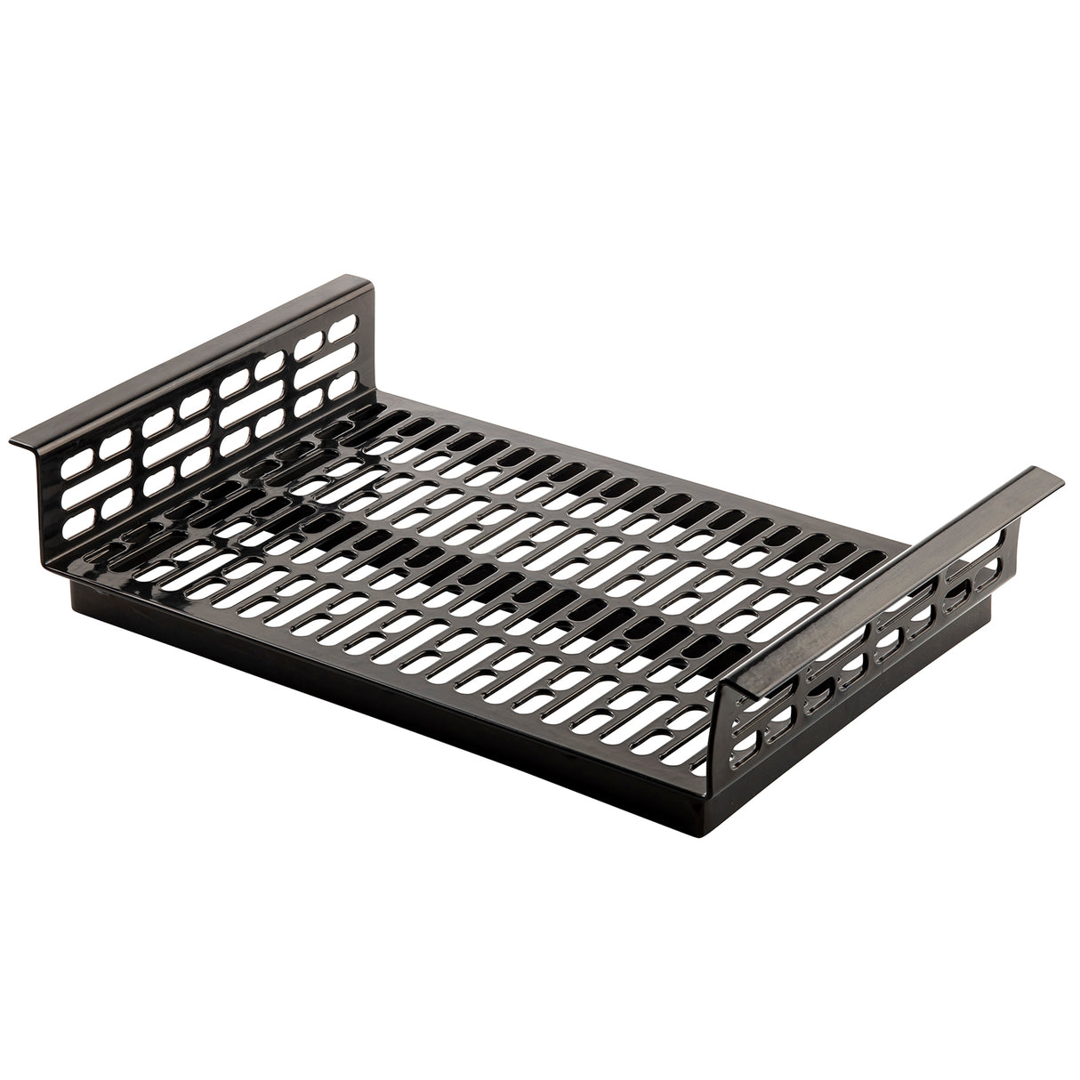 A black cast aluminum grilling basket with open rectangular slots on the base and sides. Raised side handles make it easy to use, allowing heat and smoke to circulate while preventing smaller pieces from falling through.