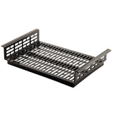 A black cast aluminum grilling basket with open rectangular slots on the base and sides. Raised side handles make it easy to use, allowing heat and smoke to circulate while preventing smaller pieces from falling through.