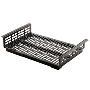 A black cast aluminum grilling basket with open rectangular slots on the base and sides. Raised side handles make it easy to use, allowing heat and smoke to circulate while preventing smaller pieces from falling through.