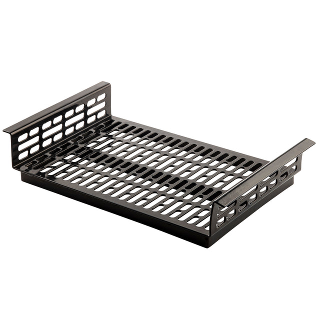A black cast aluminum grilling basket with open rectangular slots on the base and sides. Raised side handles make it easy to use, allowing heat and smoke to circulate while preventing smaller pieces from falling through.
