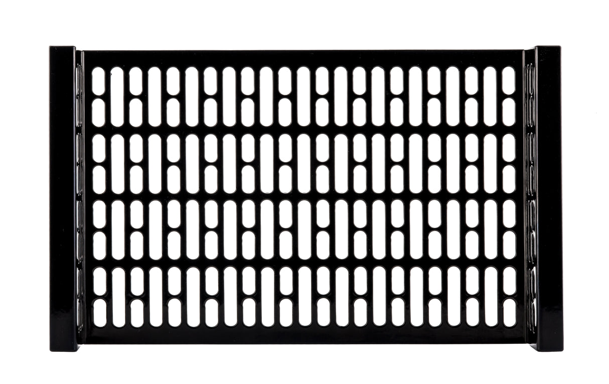 A rectangular black metal drop-in template with evenly spaced vertical oval holes arranged in rows. The grate, made of cast aluminum, has solid borders on the left and right sides, while the top and bottom edges are open. The background is plain white.
