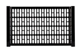 A rectangular black metal drop-in template with evenly spaced vertical oval holes arranged in rows. The grate, made of cast aluminum, has solid borders on the left and right sides, while the top and bottom edges are open. The background is plain white.