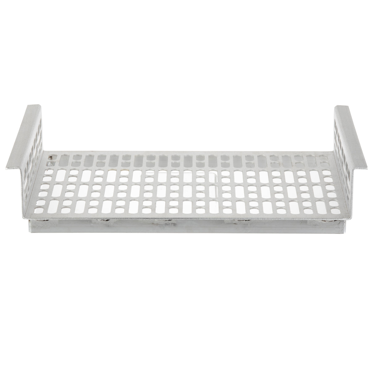 A rectangular metal tray with two raised side handles and a grated base made of evenly spaced rectangular holes, ideal for cold holding. The tray appears silver, industrial, and is photographed against a plain white background.