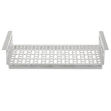 A rectangular metal tray with two raised side handles and a grated base made of evenly spaced rectangular holes, ideal for cold holding. The tray appears silver, industrial, and is photographed against a plain white background.