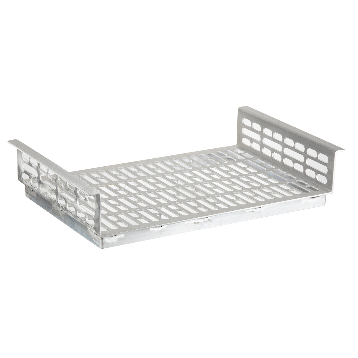 A rectangular metal cable tray with perforated base and raised sides. The surface features elongated oval slots for ventilation and cable management, and the dishwasher safe design ensures easy cleaning in demanding environments.