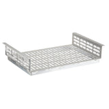 A rectangular metal cable tray with perforated base and raised sides. The surface features elongated oval slots for ventilation and cable management, and the dishwasher safe design ensures easy cleaning in demanding environments.