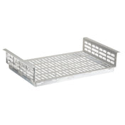 A rectangular metal cable tray with perforated base and raised sides. The surface features elongated oval slots for ventilation and cable management, and the dishwasher safe design ensures easy cleaning in demanding environments.