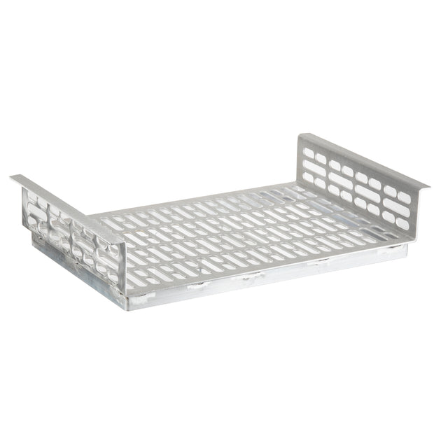 A rectangular metal cable tray with perforated base and raised sides. The surface features elongated oval slots for ventilation and cable management, and the dishwasher safe design ensures easy cleaning in demanding environments.
