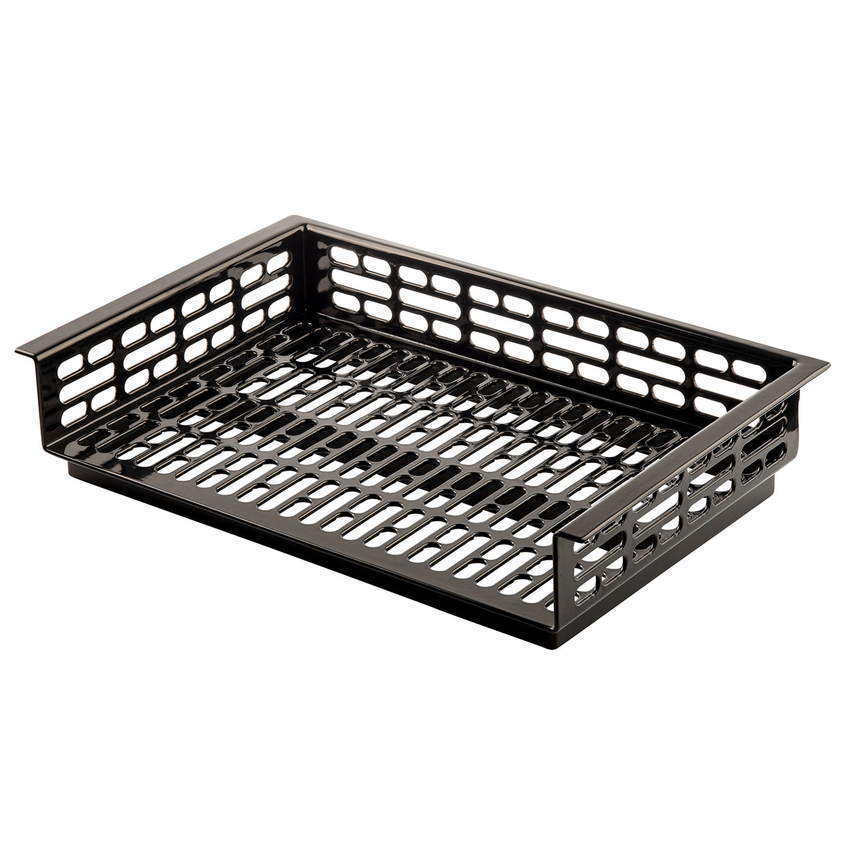 A black plastic letter tray with open rectangular slots on all sides and the base, designed for organizing papers or documents on a desk. Features raised edges, a front opening for easy access, and a drop-in template slot for labeling contents.
