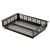 A black plastic letter tray with open rectangular slots on all sides and the base, designed for organizing papers or documents on a desk. Features raised edges, a front opening for easy access, and a drop-in template slot for labeling contents.