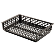 A black plastic letter tray with open rectangular slots on all sides and the base, designed for organizing papers or documents on a desk. Features raised edges, a front opening for easy access, and a drop-in template slot for labeling contents.