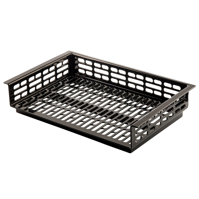 A black plastic letter tray with open rectangular slots on all sides and the base, designed for organizing papers or documents on a desk. Features raised edges, a front opening for easy access, and a drop-in template slot for labeling contents.