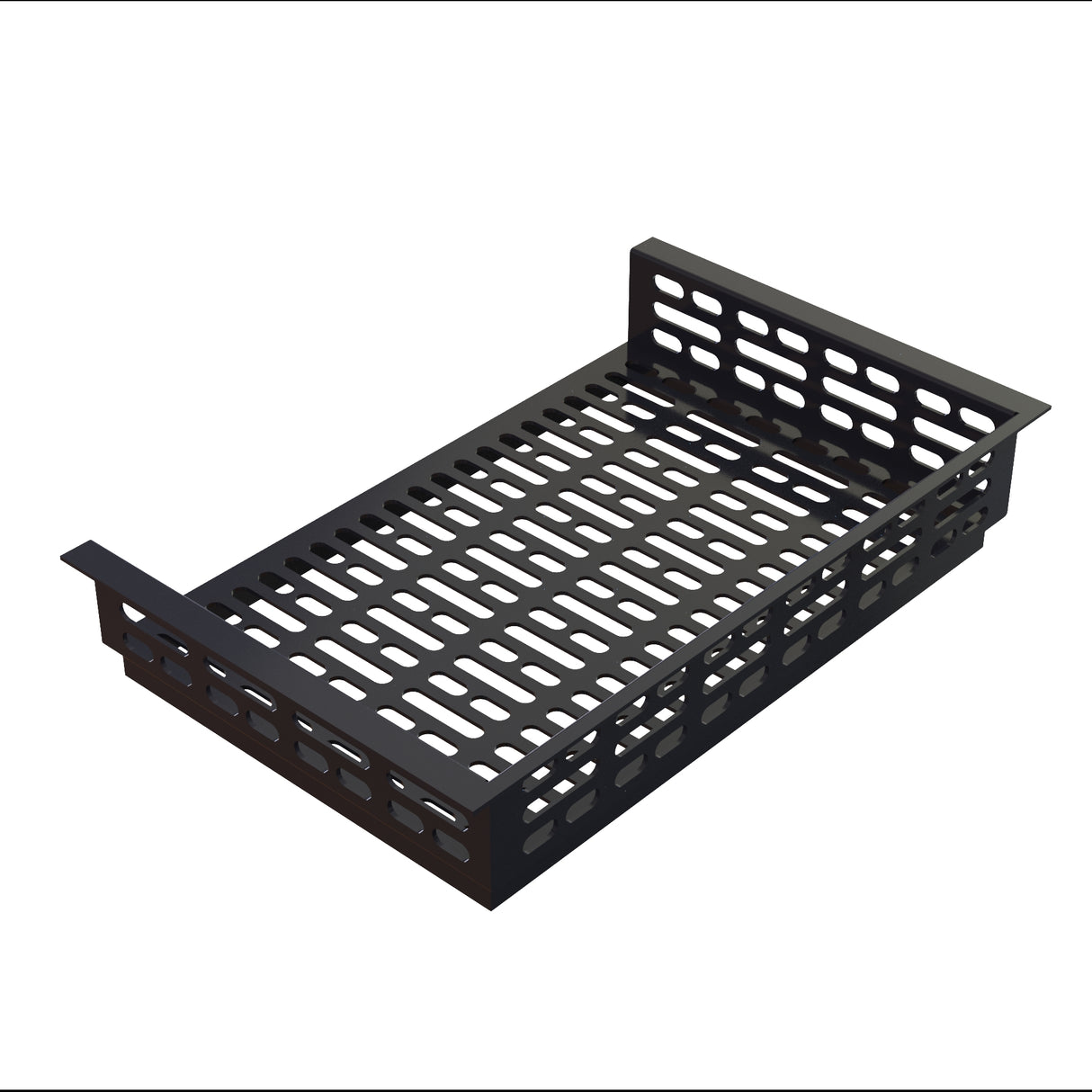 A black rectangular cast aluminum metal tray with perforated, oval-shaped holes on the base and sides. The tray has two solid side panels extending upward and outward. Ideal for cold holding, it is placed on a white background.