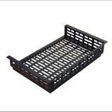 A black rectangular cast aluminum metal tray with perforated, oval-shaped holes on the base and sides. The tray has two solid side panels extending upward and outward. Ideal for cold holding, it is placed on a white background.