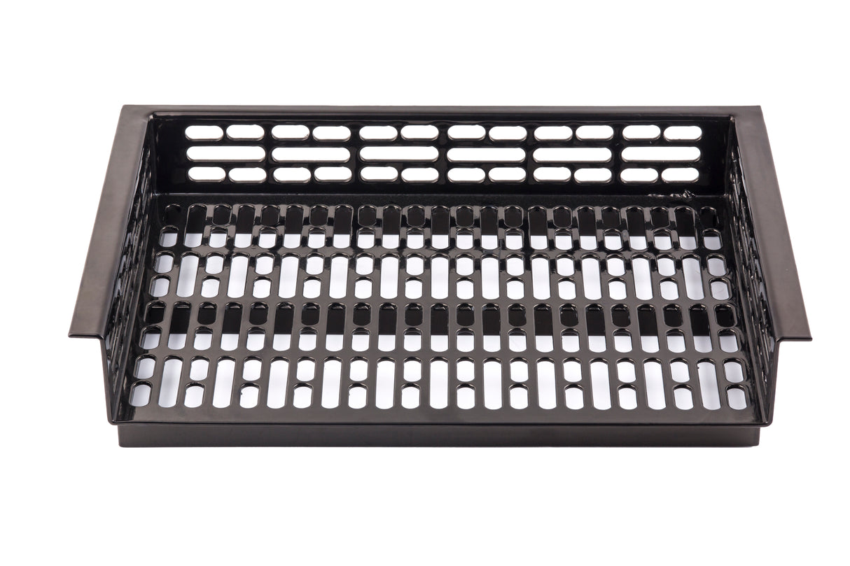 Rectangular black metal tray with perforated sides and base, featuring evenly spaced rectangular holes. Ideal for cold holding, the tray has short, raised edges and is photographed on a white background from a slight angle.