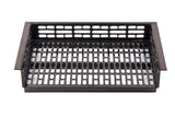 Rectangular black metal tray with perforated sides and base, featuring evenly spaced rectangular holes. Ideal for cold holding, the tray has short, raised edges and is photographed on a white background from a slight angle.