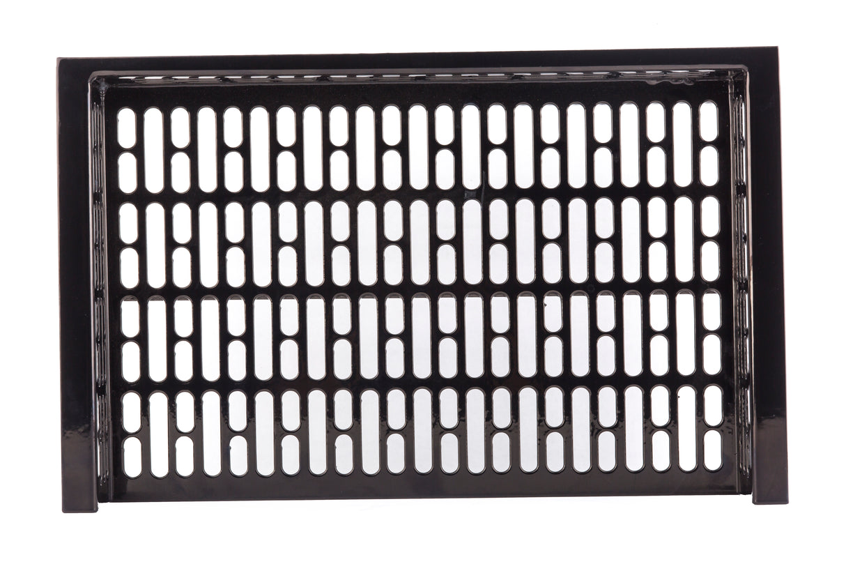 A rectangular black cast aluminum grill grate with evenly spaced, vertical oval slots arranged in rows. The solid frame has a glossy finish, and the white background highlights the grate’s details and clean lines.